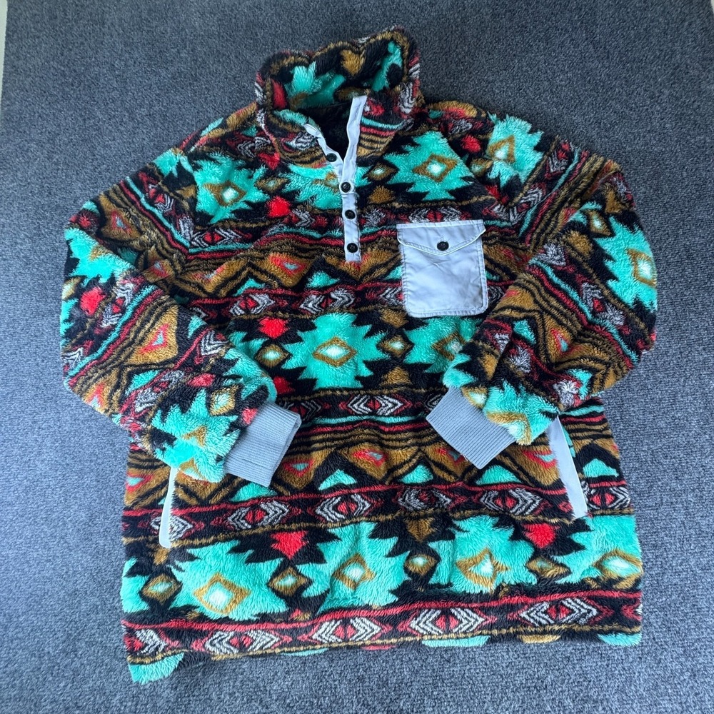 Beotyshow Sweatshirt Mens 2XL Blue Multi Aztec Fleece Henry Collar Pullover